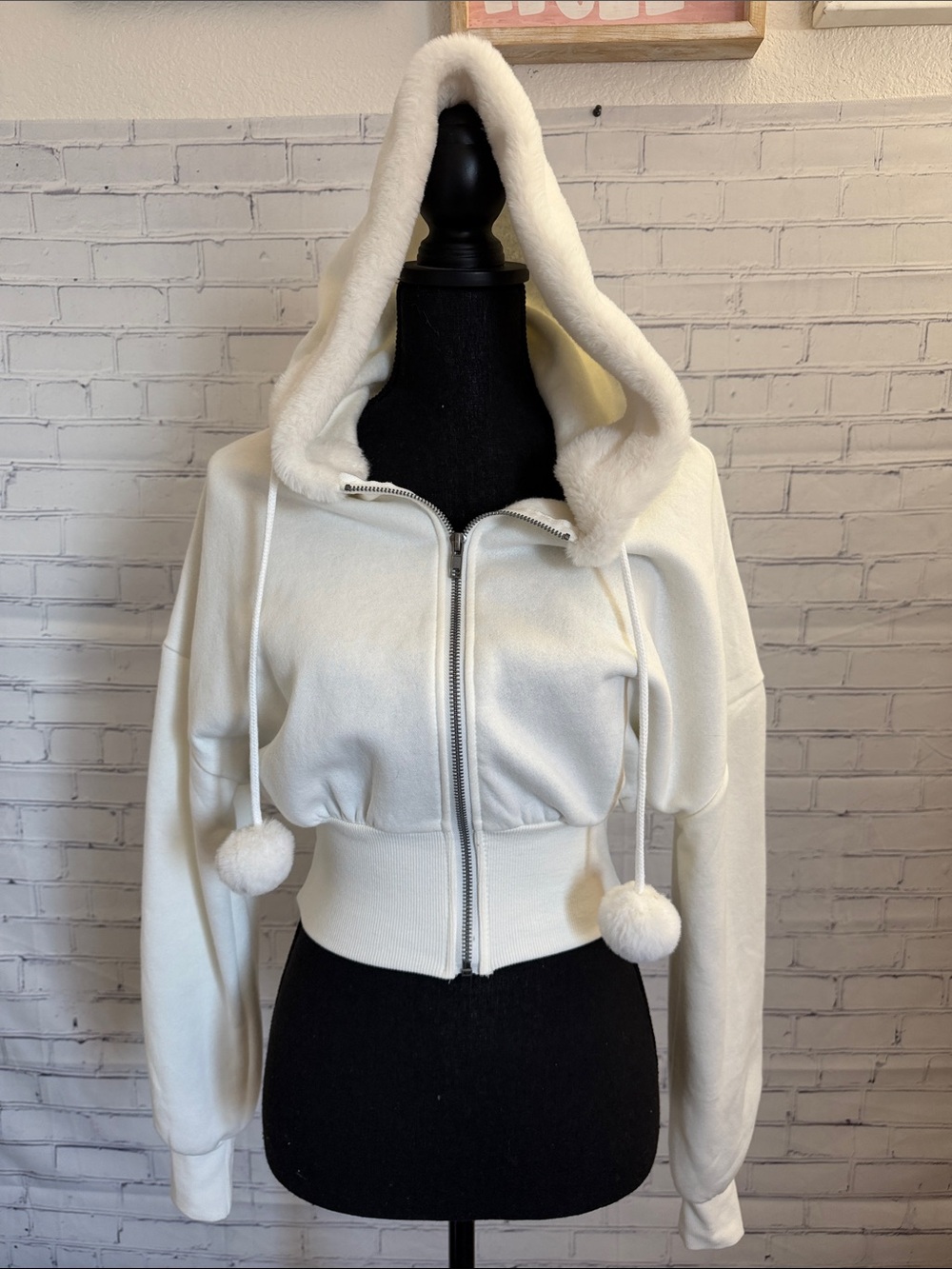 Social Scene Plush Hooded Cropped Teddy Jacket with Pom Drawstrings XS